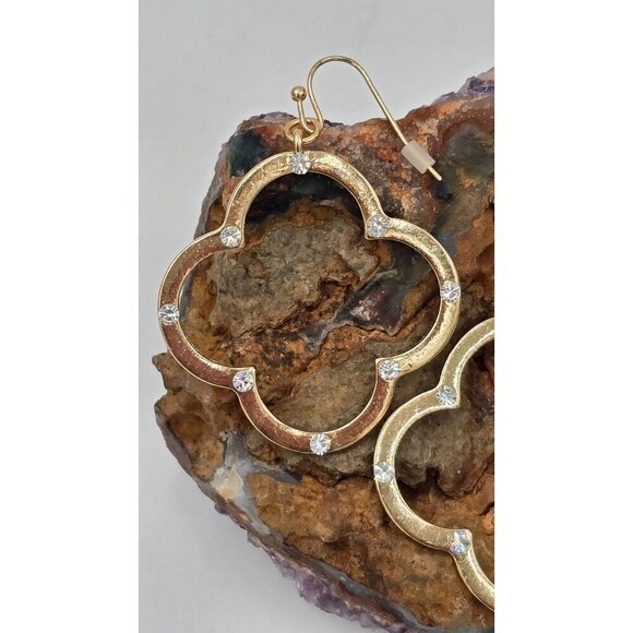 Goldtone Dangle Four Leaf Clover Earrings Rhinestone Crystal Accents 1.5" - Picture 3 of 6